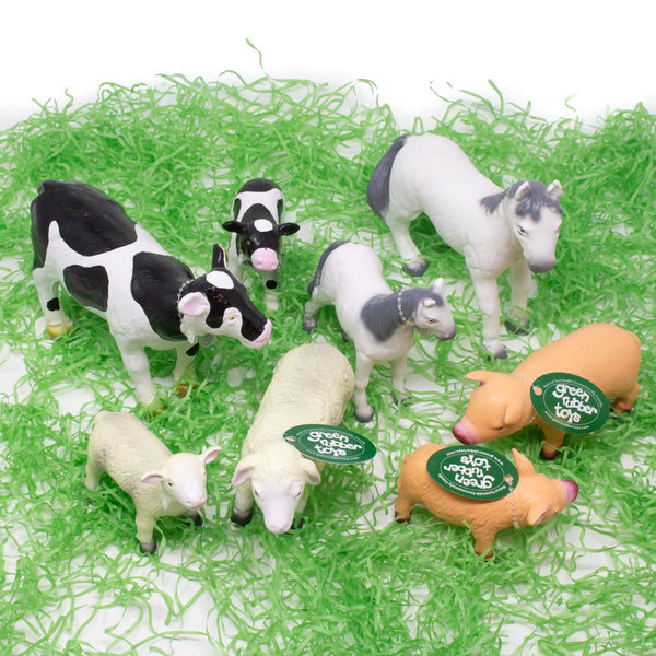 Green Rubber Toys - Farm Animals, Set of 8