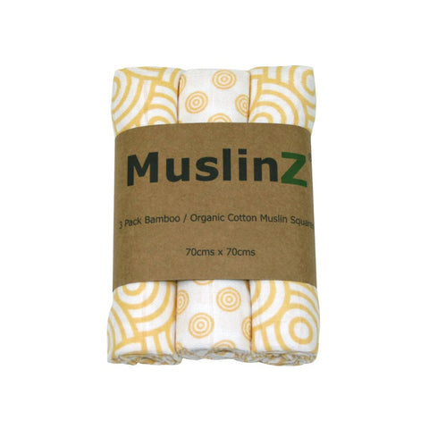 3pk Bamboo Organic Cotton Muslin Squares - Gold