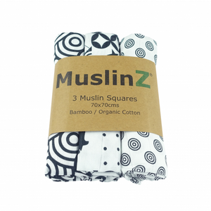 Monochrome Sensory Range 3 Pack Muslins - Bamboo/Organic Cotton Muslin Squares 70x70cm